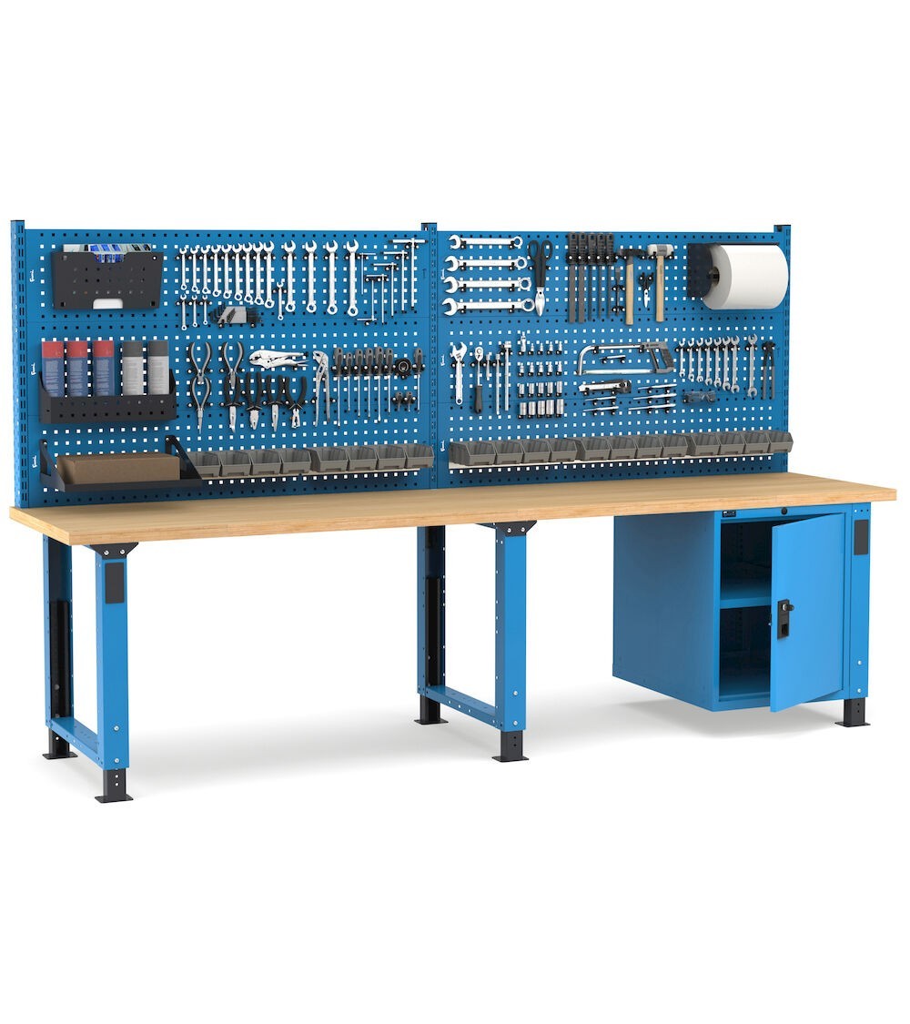 Banco professionale regolabile con parete e porta, 300 cm, blu e antracite