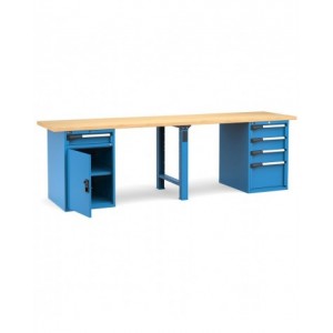 Banco professionale con porta, ripiano regolabile e 5 cassetti, 300 cm, blu e antracite