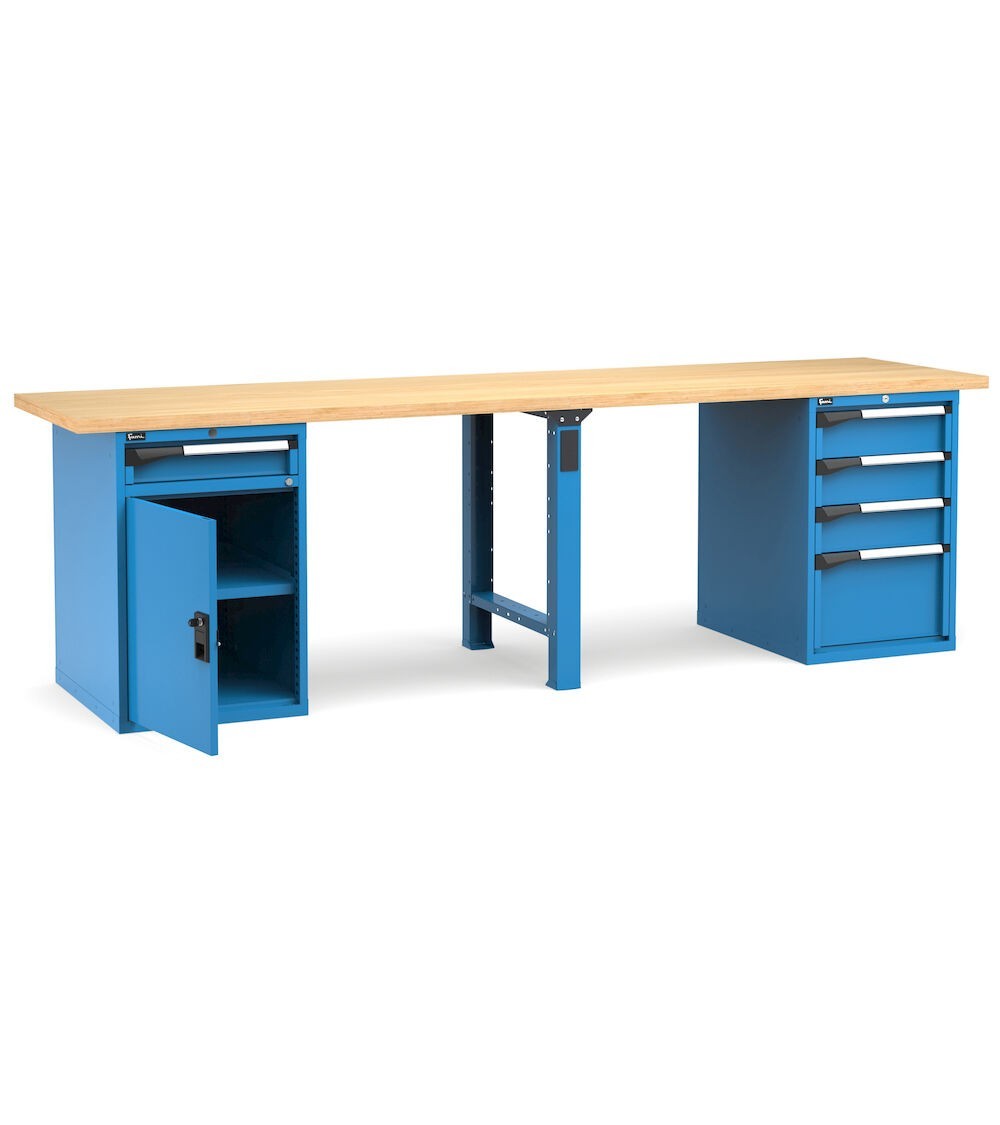 Banco professionale con porta, ripiano regolabile e 5 cassetti, 300 cm, blu e antracite