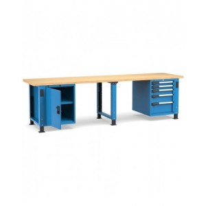 Banco professionale regolabile con 5 cassetti, porta e piano regolabile, 300 cm, blu e antracite