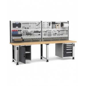 Banco professionale regolabile con parete, 5 cassetti e porta, 300 cm, grigio e antracite