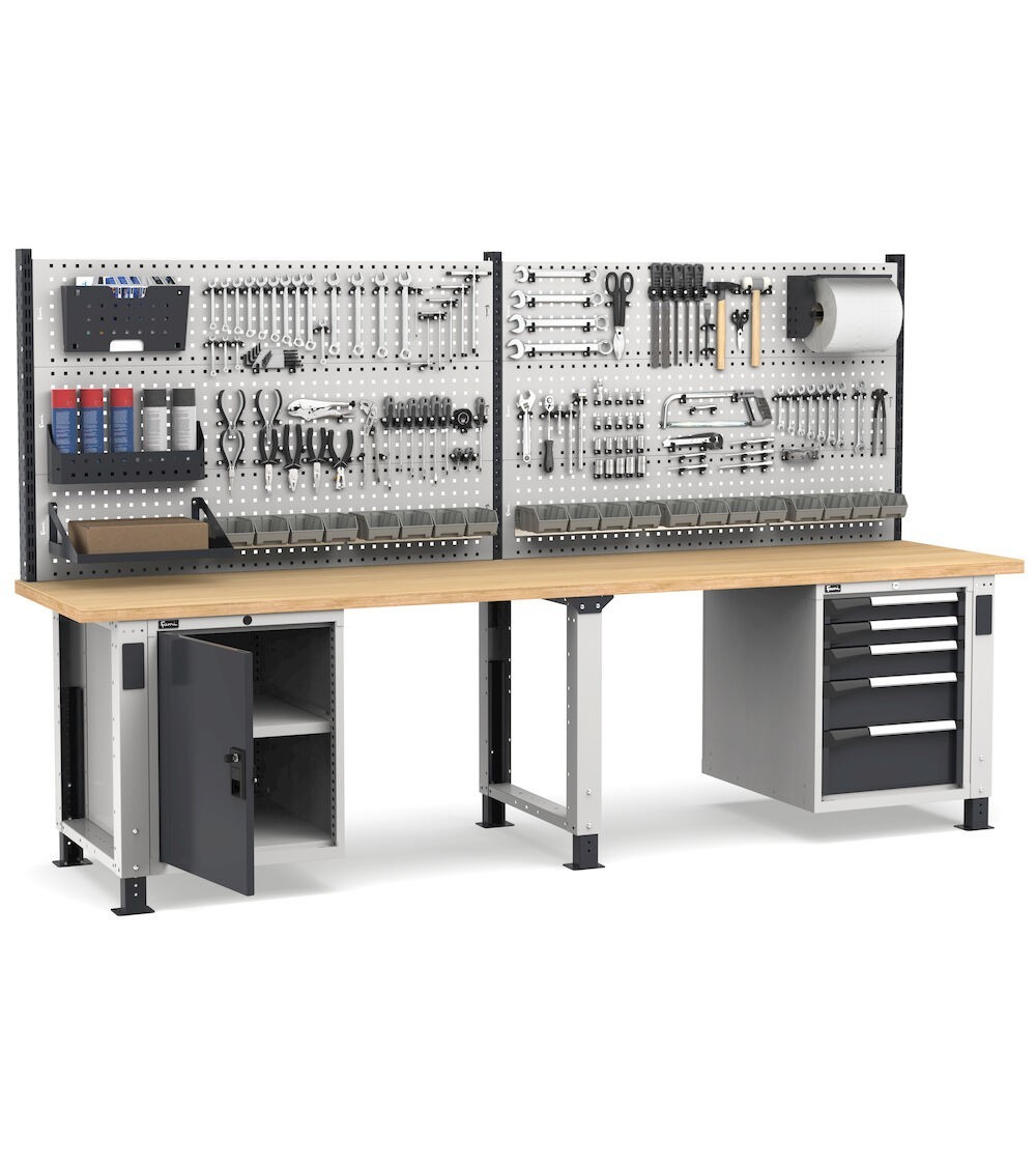 Banco professionale regolabile con parete, 5 cassetti e porta, 300 cm, grigio e antracite