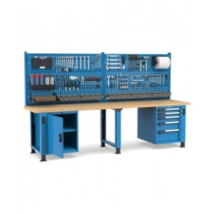 Banco professionale regolabile con parete, 5 cassetti e porta, 300 cm, blu e antracite