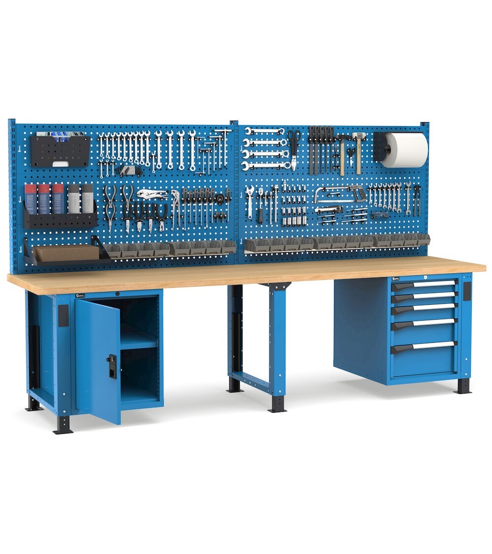 Banco professionale regolabile con parete, 5 cassetti e porta, 300 cm, blu e antracite