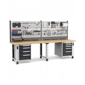 Banco professionale regolabile con parete e 9 cassetti, 300 cm, grigio e antracite