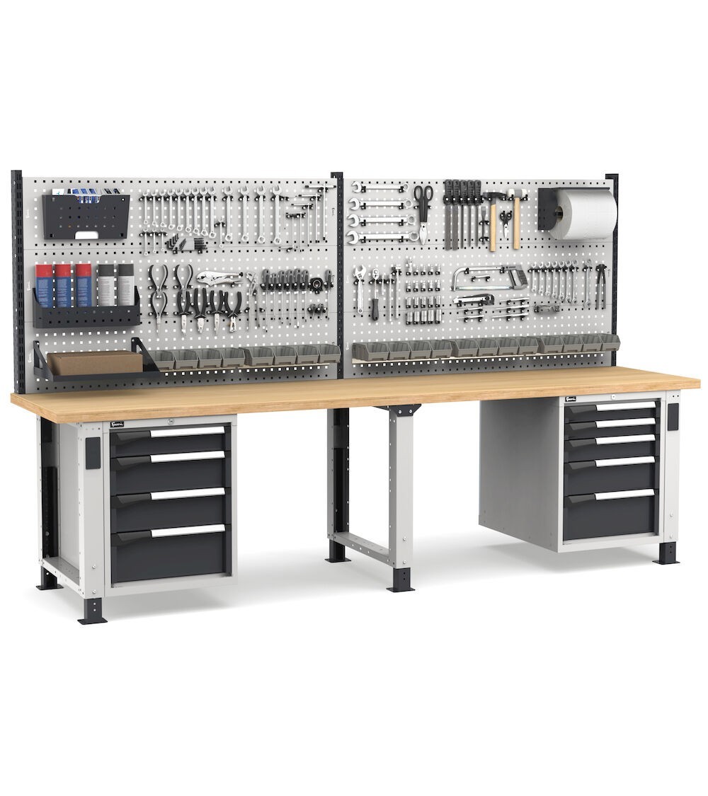 Banco professionale regolabile con parete e 9 cassetti, 300 cm, grigio e antracite