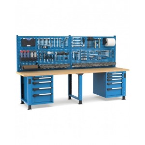 Banco professionale regolabile con parete e 9 cassetti, 300 cm, blu e antracite