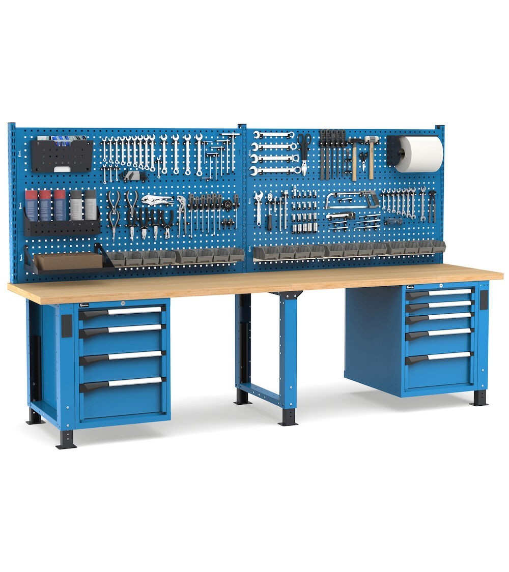 Banco professionale regolabile con parete e 9 cassetti, 300 cm, blu e antracite