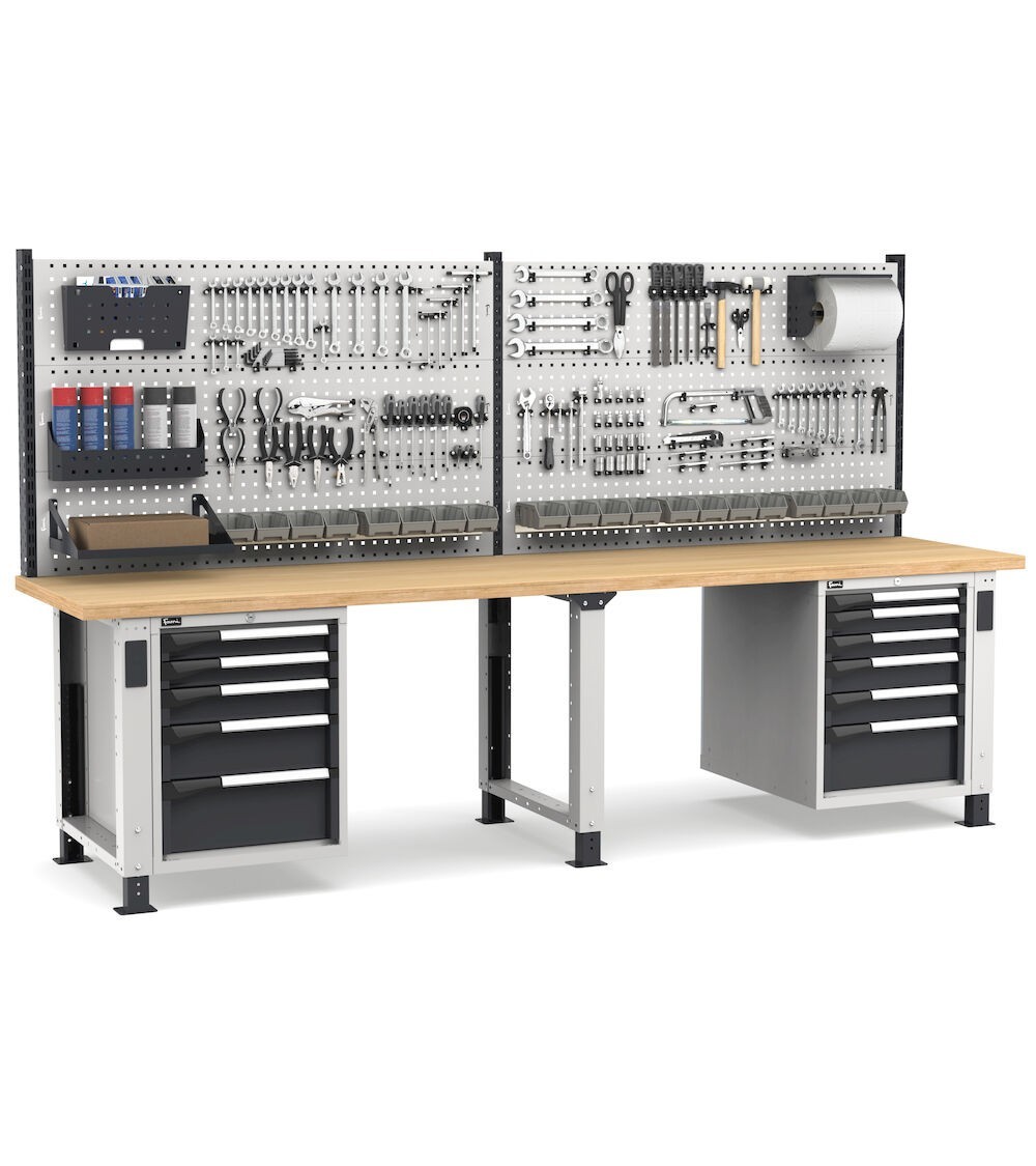 Banco professionale regolabile con parete e 11 cassetti, 300 cm, grigio e antracite