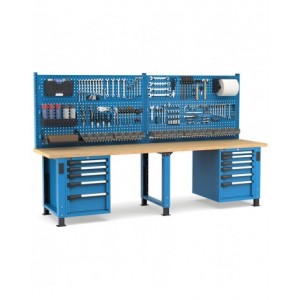 Banco professionale regolabile con parete e 11 cassetti, 300 cm, blu e antracite