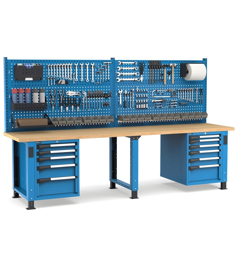 Banco professionale regolabile con parete e 11 cassetti, 300 cm, blu e antracite