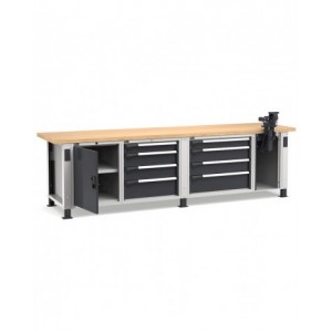 Banco professionale con 8 cassetti, porta, ripiano regolabile e morsa, 300 cm, grigio e antracite