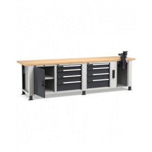 Banco professionale con 8 cassetti, porta, ripiano regolabile, morsa e allacciamenti, 300 cm, grigio e antracite