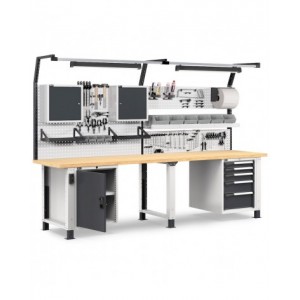 Banco professionale con 5 cassetti, parete, ripiano regolabile, porta e accessori, 300 cm, grigio e antracite