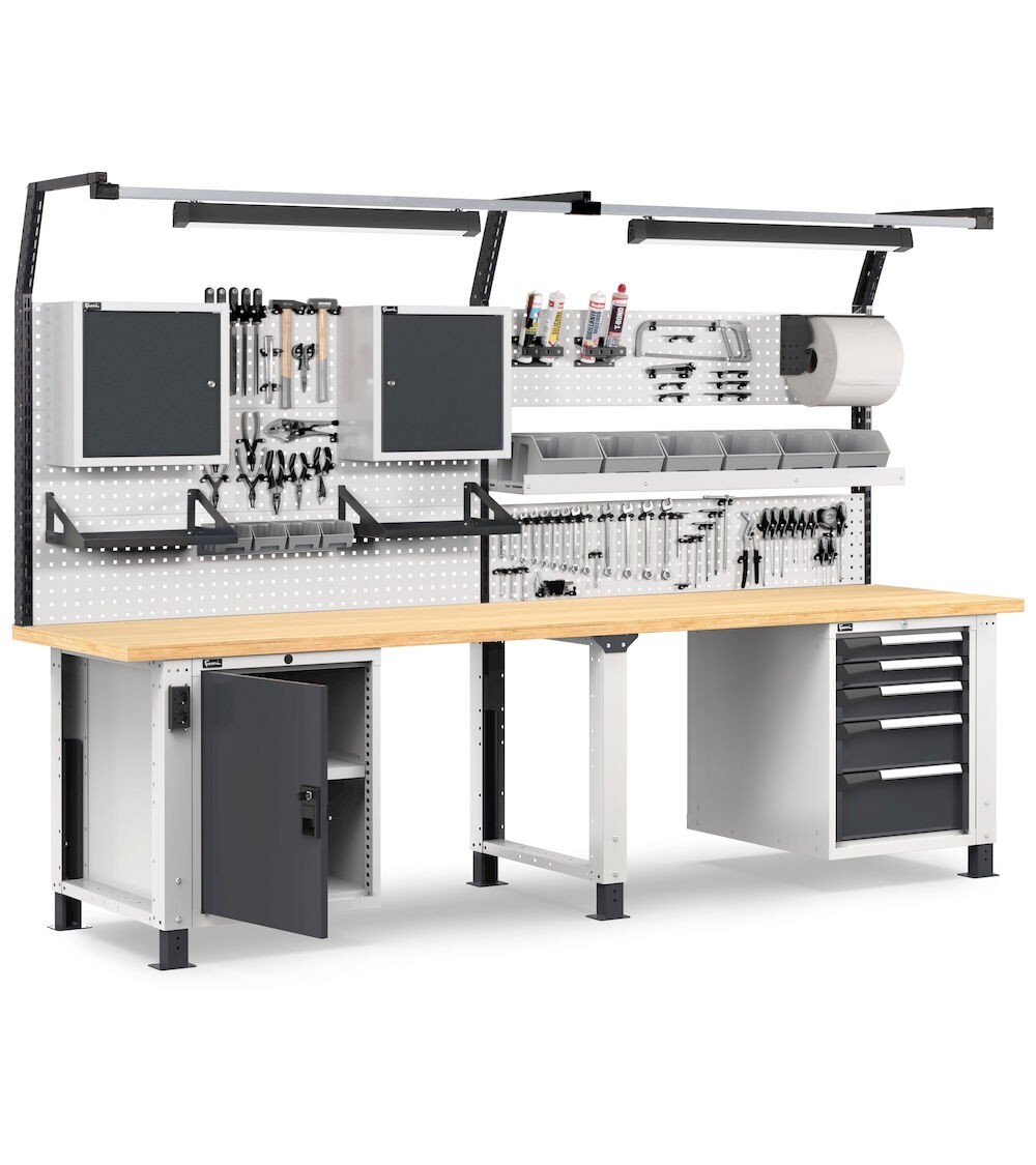 Banco professionale con 5 cassetti, parete, ripiano regolabile, porta e accessori, 300 cm, grigio e antracite