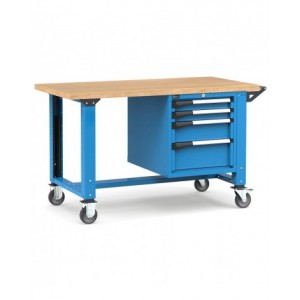 Banco professionale con ruote e 4 cassetti, 150 cm, blu e antracite