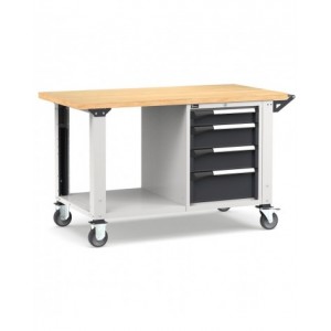 Banco professionale con ruote, piano inferiore, 4 cassetti, 150 cm, grigio e antracite