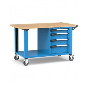 Banco professionale con ruote, piano inferiore, 4 cassetti, 150 cm, blu e antracite