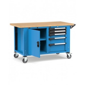 Banco professionale con ruote, 5 cassetti, porta e ripiano regolabile, 150 cm, blu e antracite