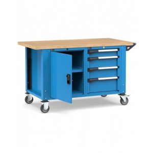 Banco professionale con ruote, 4 cassetti, porta e ripiano regolabile, 150 cm, blu e antracite