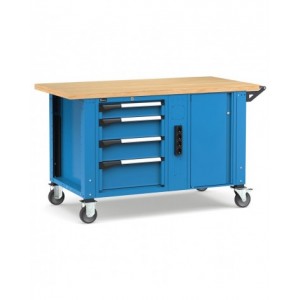 Banco professionale con ruote, 4 cassetti, morsa e allacciamenti, 150 cm, blu e antracite