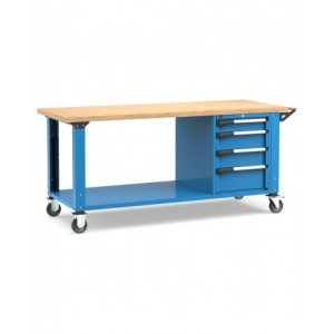 Banco professionale con ruote, piano inferiore, 4 cassetti, 200 cm, blu e antracite