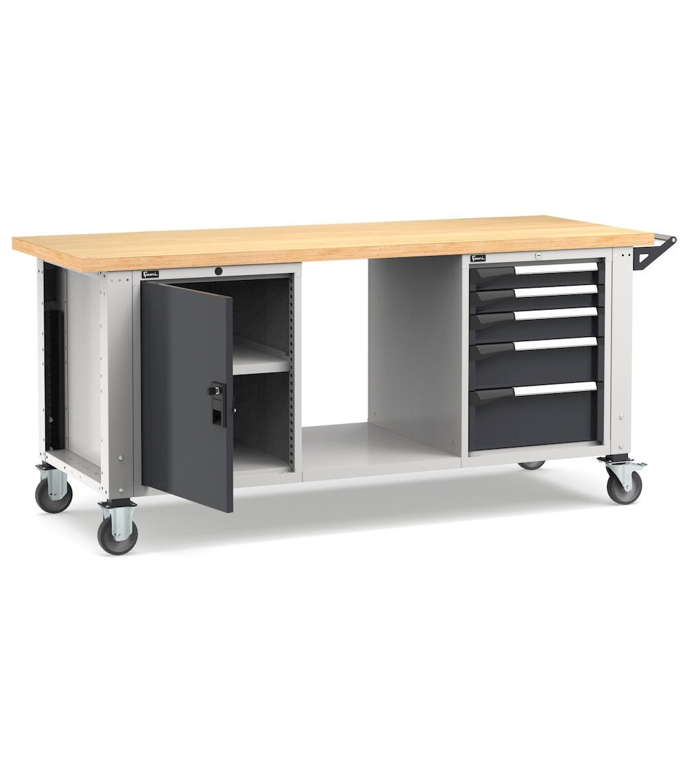 Banco professionale con ruote, 4 cassetti, porta e ripiano regolabile, 200 cm, grigio e antracite