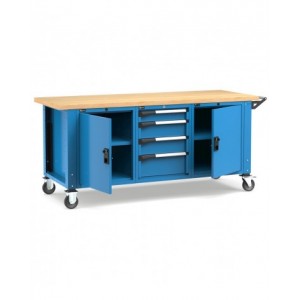 Banco professionale con ruote, 4 cassetti, 2 porte, 2 ripiani, 200 cm, blu e antracite