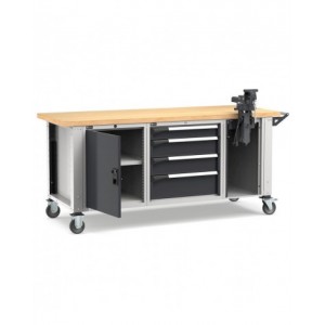 Banco professionale con ruote, 4 cassetti, anta, ripiano regolabile e morsa, 200 cm, grigio e antracite