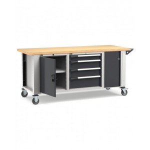 Banco professionale con ruote, 4 cassetti, anta, ripiano regolabile e morsa, 200 cm, grigio e antracite
