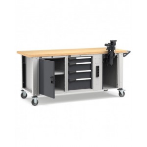 Banco professionale con ruote, 4 cassetti,  anta, ripiano regolabile, morsa e allacciamenti, 200 cm, grigio e antracite