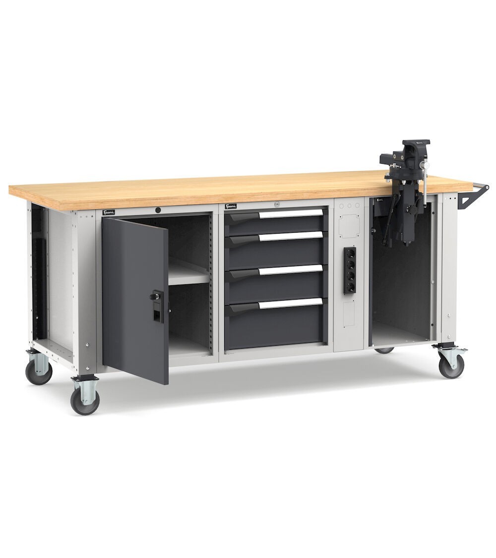Banco professionale con ruote, 4 cassetti,  anta, ripiano regolabile, morsa e allacciamenti, 200 cm, grigio e antracite