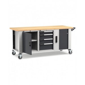 Banco professionale con ruote, 4 cassetti,  anta, ripiano regolabile, morsa e allacciamenti, 200 cm, grigio e antracite