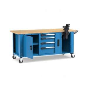 Banco professionale con ruote, 4 cassetti,  anta, ripiano regolabile, morsa e allacciamenti, 200 cm, blu e antracite