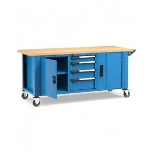 Banco professionale con ruote, 4 cassetti,  anta, ripiano regolabile, morsa e allacciamenti, 200 cm, blu e antracite