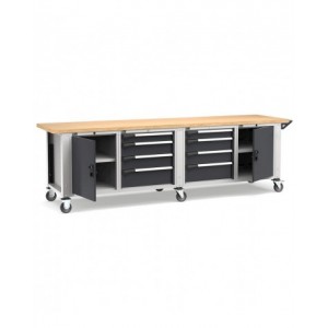 Banco professionale con ruote, 8 cassetti, 2 porte, 1 ripiano, 300 cm, grigio e antracite