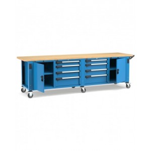 Banco professionale con ruote, 8 cassetti, 2 porte, 1 ripiano, 300 cm, blu e antracite
