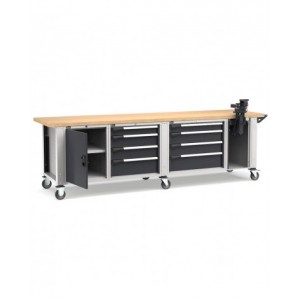 Banco professionale con ruote, 8 cassetti, porta, ripiano regolabile e morsa, 300 cm, grigio e antracite