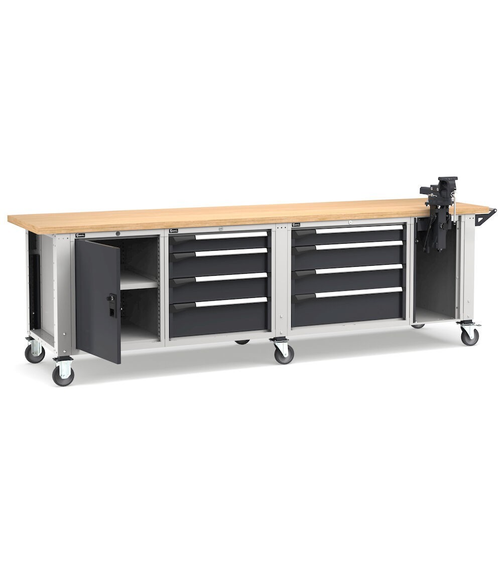 Banco professionale con ruote, 8 cassetti, porta, ripiano regolabile e morsa, 300 cm, grigio e antracite