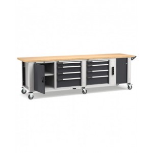 Banco professionale con ruote, 8 cassetti,  porta, ripiano regolabile, morsa e allacciamenti, 300 cm, grigio e antracite