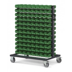 Carrello con 192 contenitori a bocca di lupo Picking Box Air verde traffico