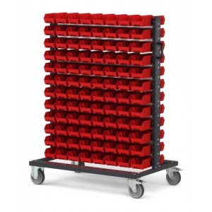 Carrello con 192 contenitori a bocca di lupo Picking Box Air rosso traffico
