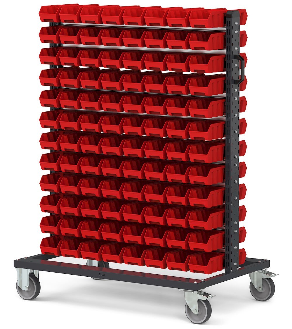 Carrello con 192 contenitori a bocca di lupo Picking Box Air rosso traffico