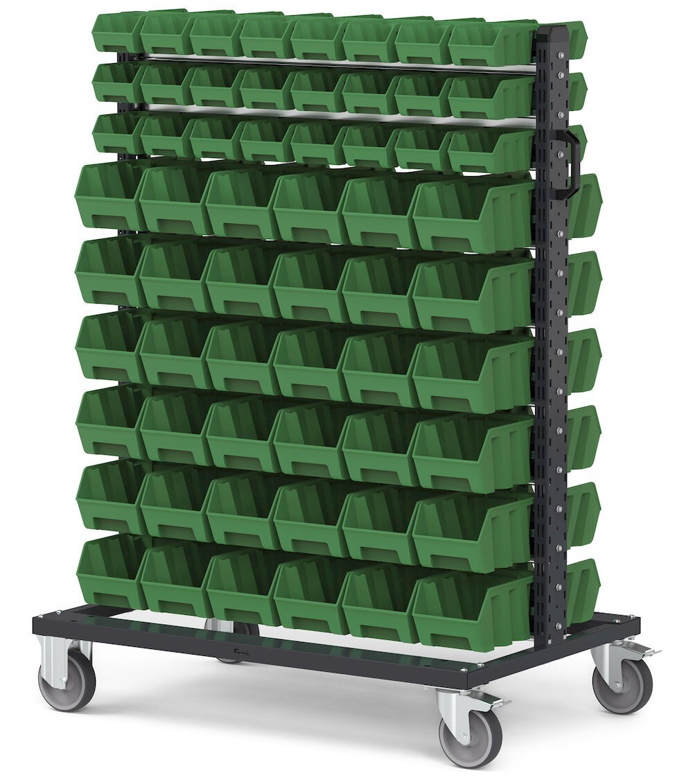 Carrello con 120 contenitori a bocca di lupo Picking Box Air verde traffico