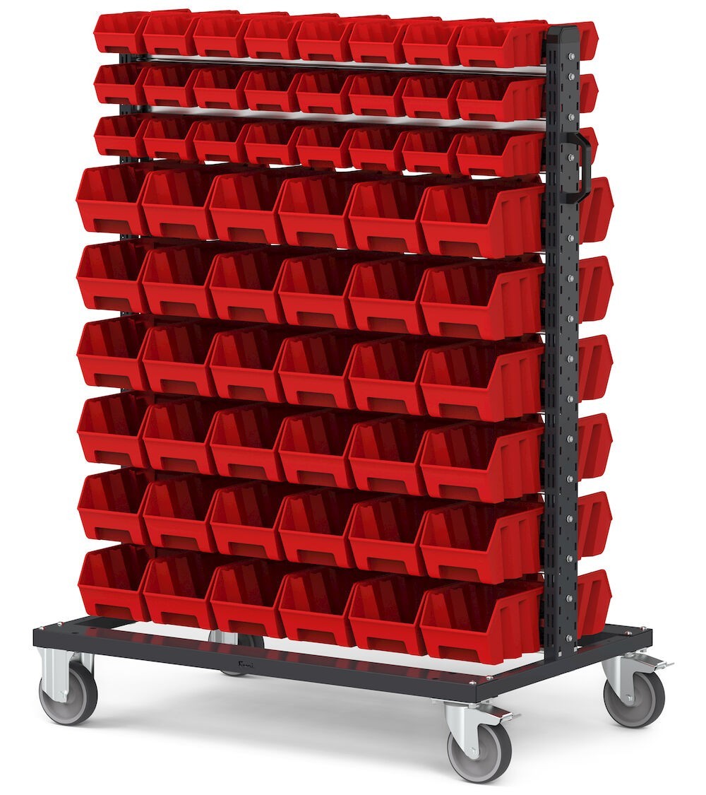 Carrello con 120 contenitori a bocca di lupo Picking Box Air rosso traffico