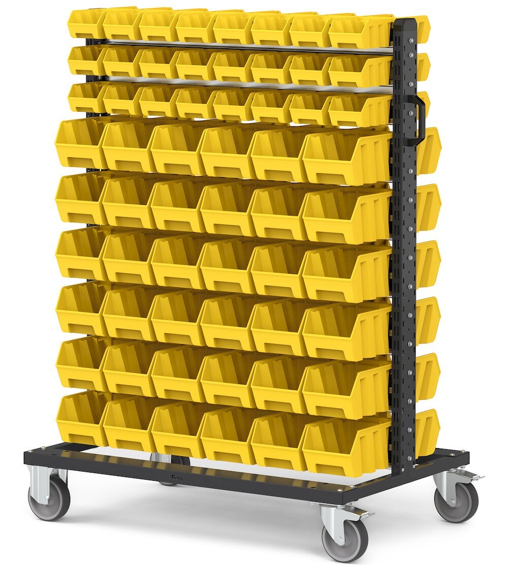 Carrello con 120 contenitori a bocca di lupo Picking Box Air giallo zinco