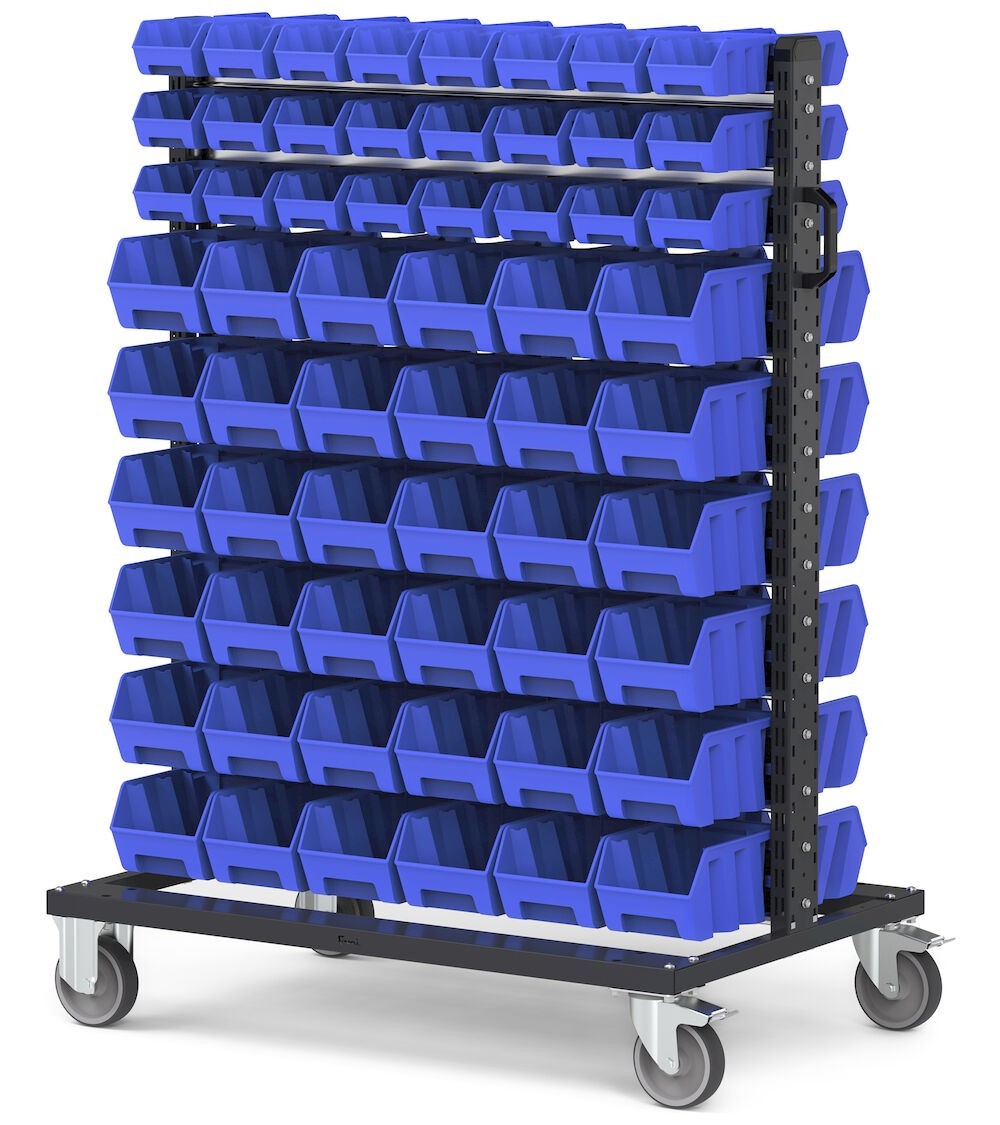 Carrello con 120 contenitori a bocca di lupo Picking Box Air Blu cielo