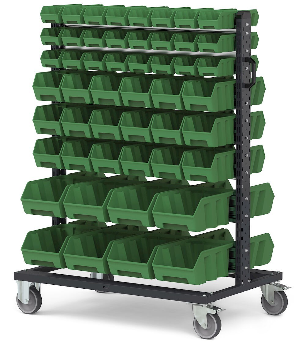 Carrello con 100 contenitori a bocca di lupo Picking Box Air verde traffico