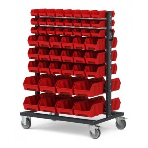 Carrello con 100 contenitori a bocca di lupo Picking Box Air rosso traffico
