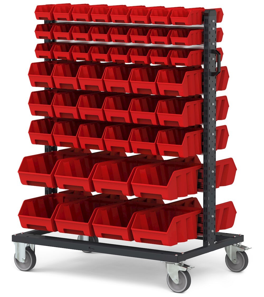 Carrello con 100 contenitori a bocca di lupo Picking Box Air rosso traffico